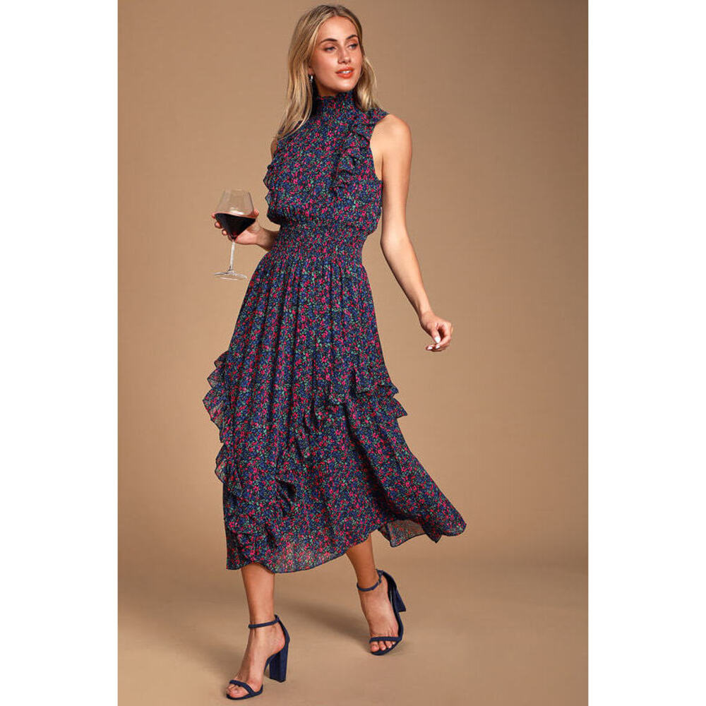 Lulus Evalina Navy Blue Floral Print Mock Neck Midi Dress - Size XXS